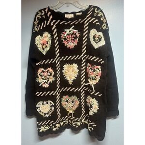 Kittie Lee Heart Floral Embroidered Knit Sweater Black Women's Small